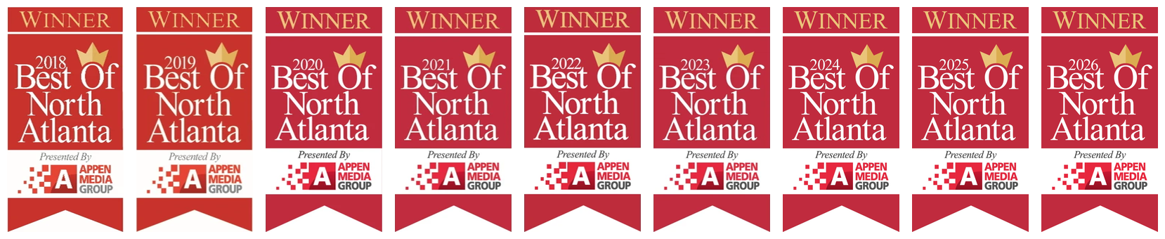 Best of North Atlanta winner badges, 2018 through 2026, presented by Appen Media Group